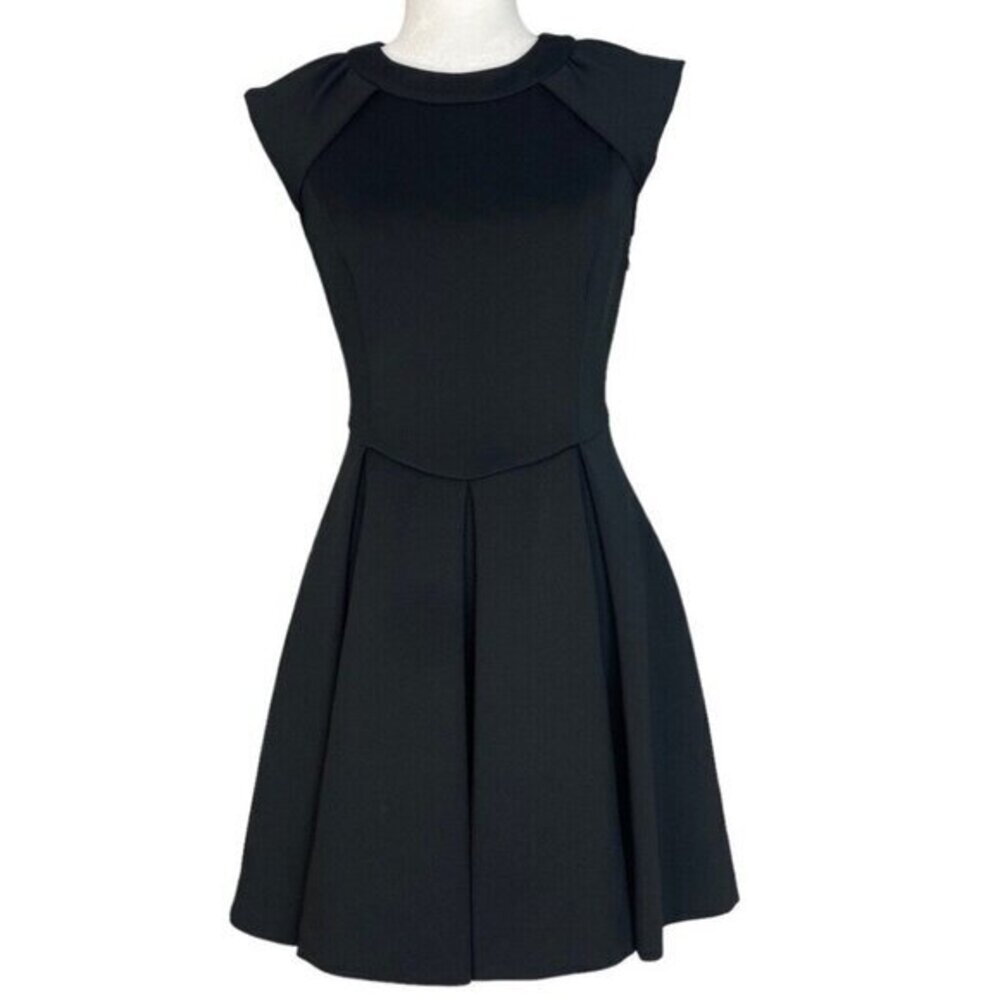 Ted Baker London Black Fit‎ and Flare Dress Cap Sleeve Mesh Back Gold Zip EU 2